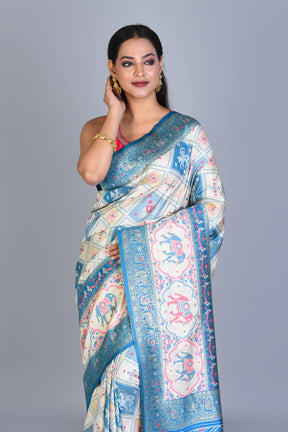 White Blended Ikkat Silk Saree with Blouse Piece - Keya Seth Exclusive