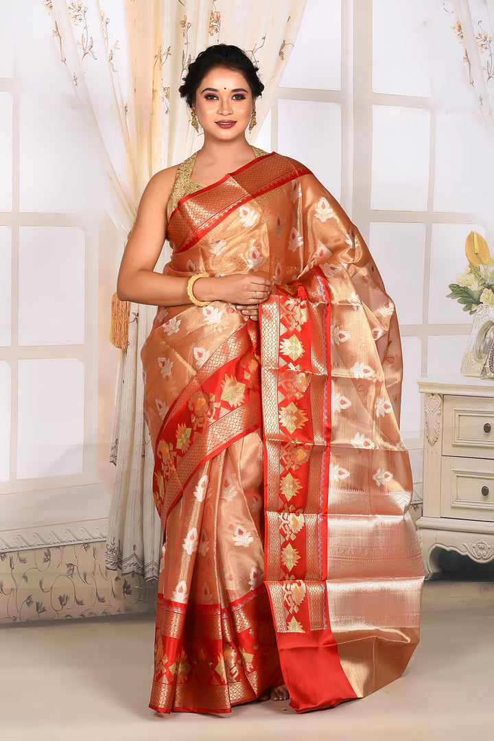 Glossy Cream Soft Tissue Saree with Red Border - Keya Seth Exclusive