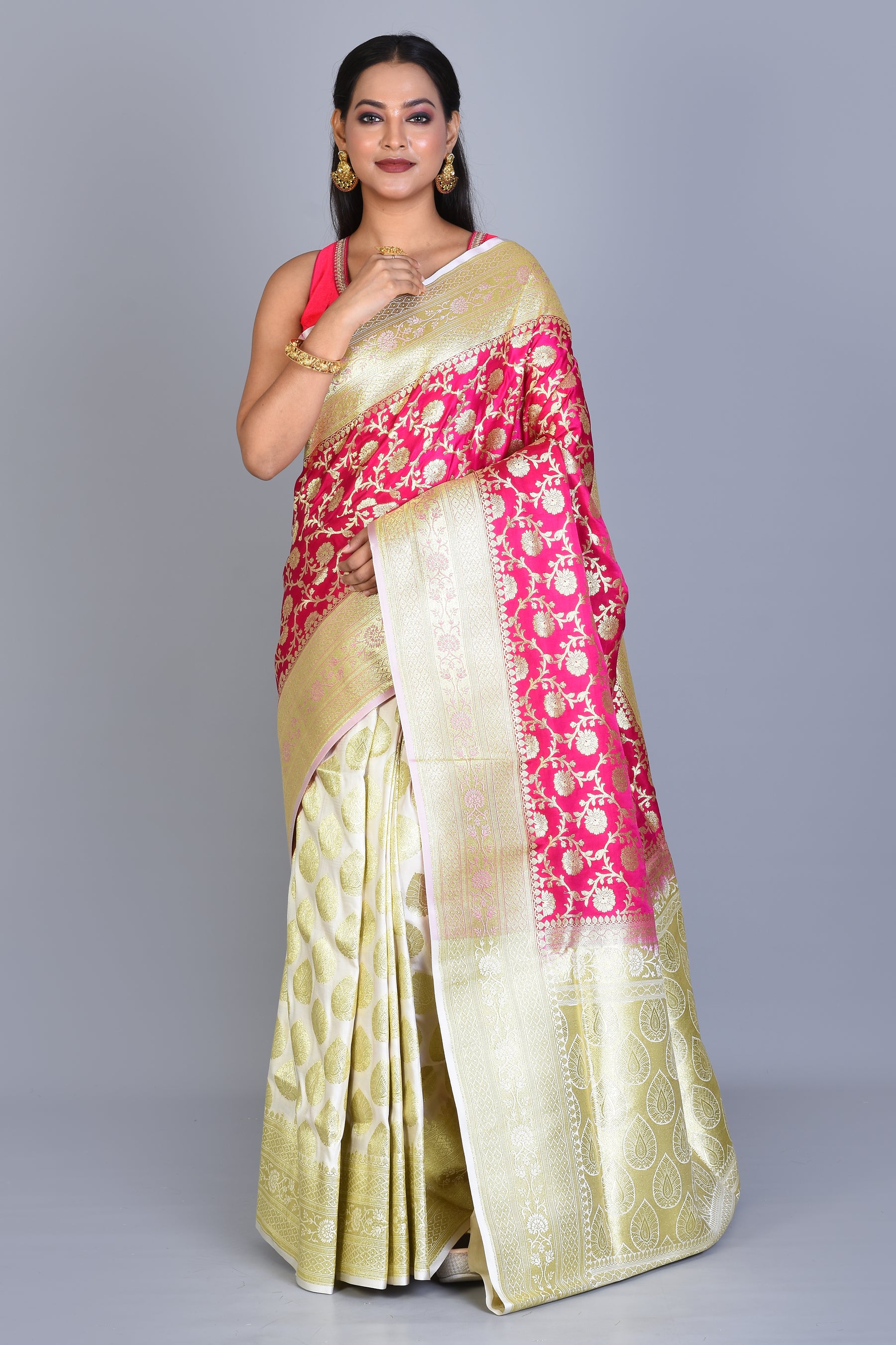 Rani and White Half & Half Banarasi Silk Saree with Blouse Piece - Keya Seth Exclusive