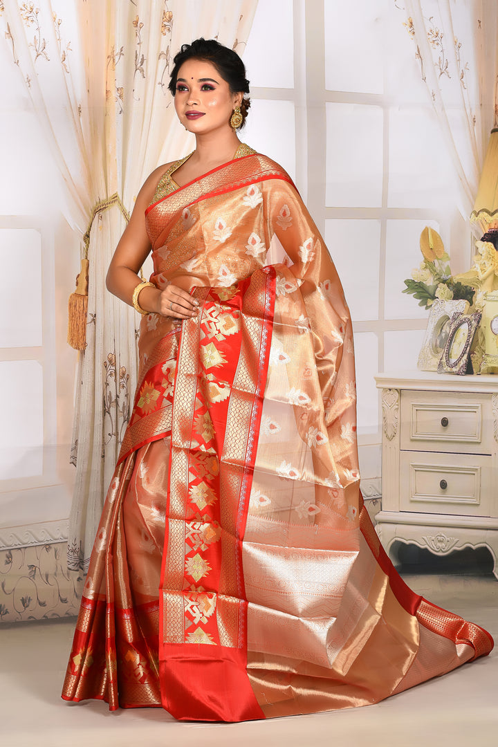 Glossy Cream Soft Tissue Saree with Red Border - Keya Seth Exclusive