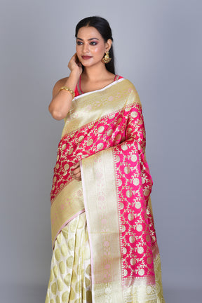 Rani and White Half & Half Banarasi Silk Saree with Blouse Piece - Keya Seth Exclusive