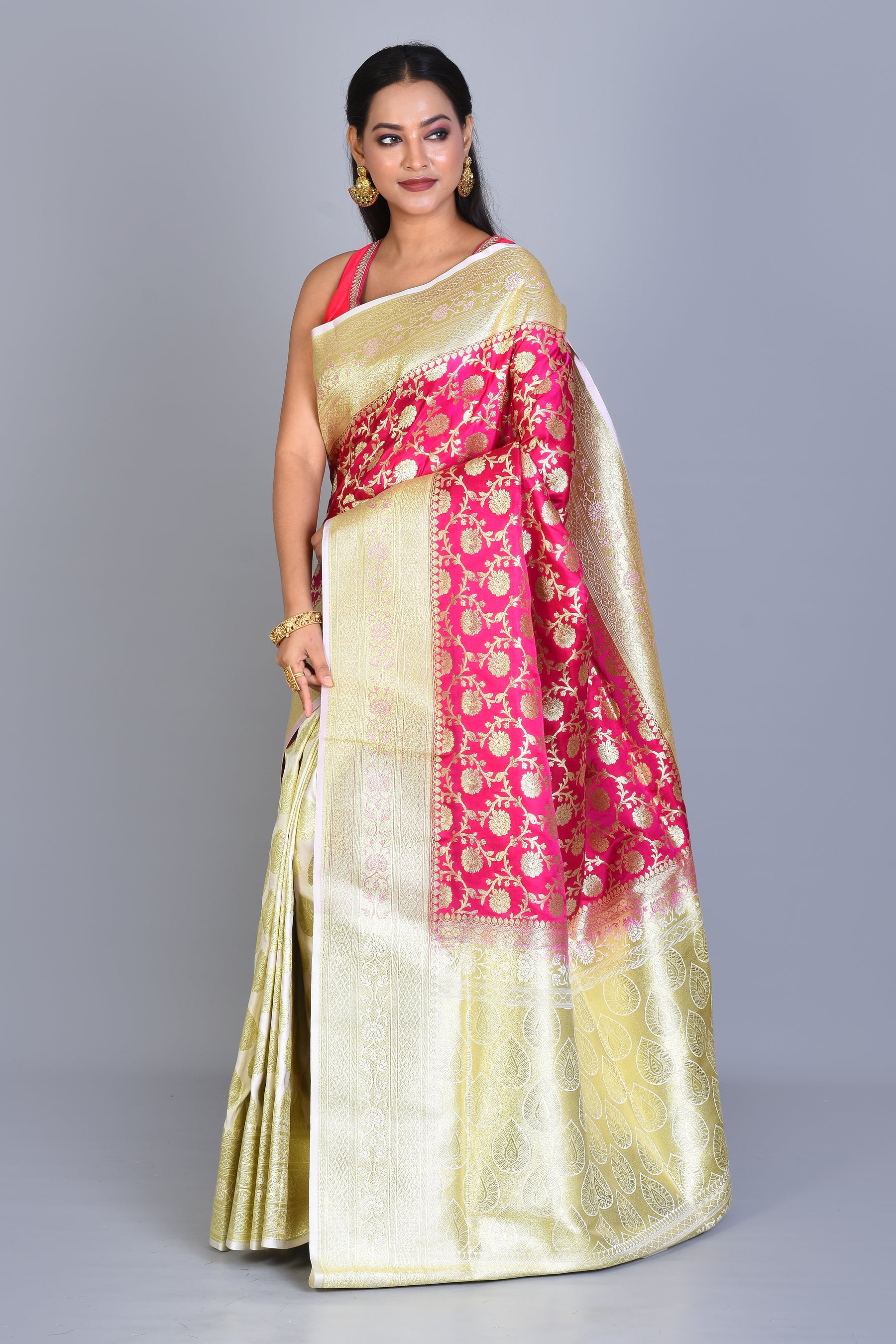 Rani and White Half & Half Banarasi Silk Saree with Blouse Piece - Keya Seth Exclusive