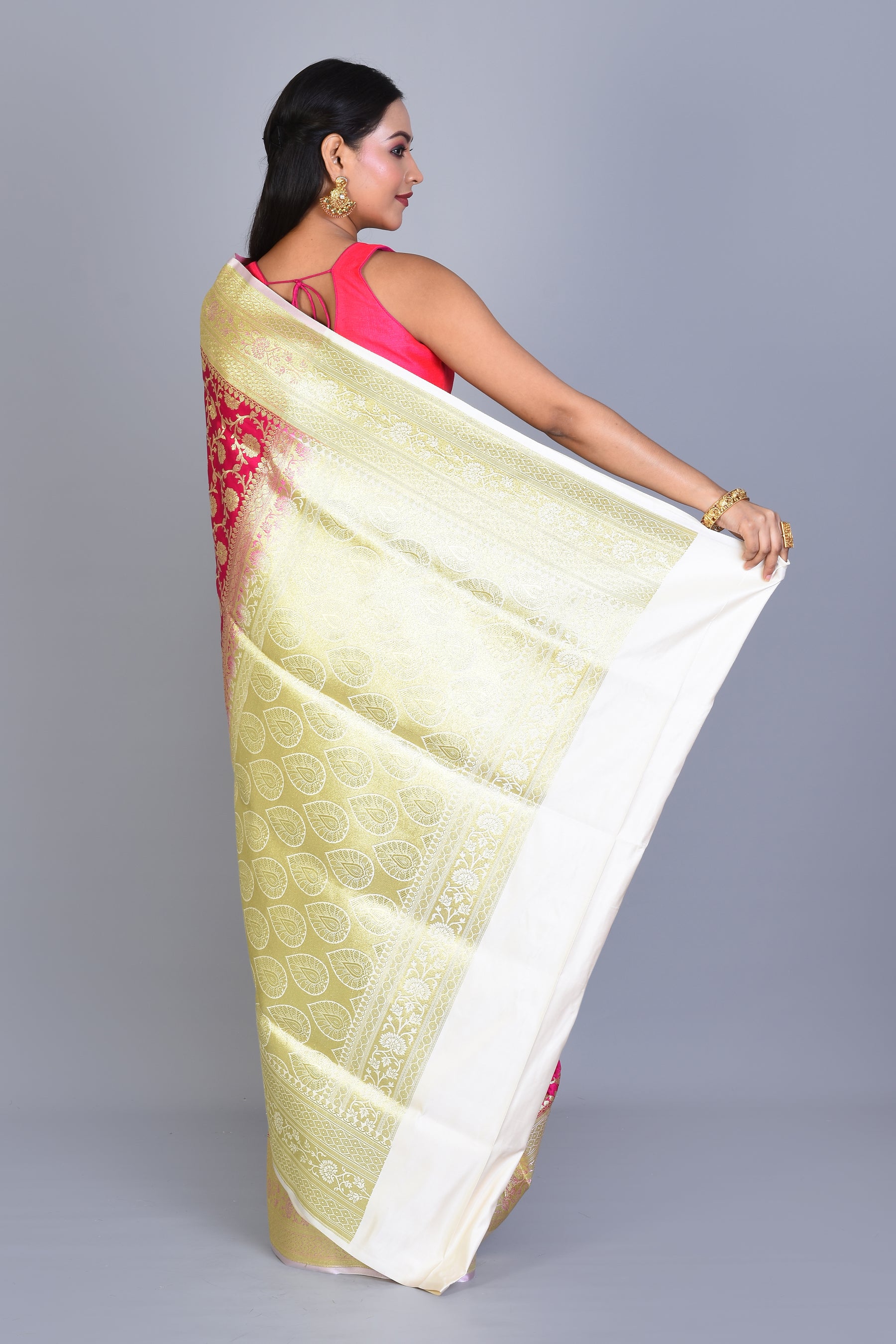 Rani and White Half & Half Banarasi Silk Saree with Blouse Piece - Keya Seth Exclusive