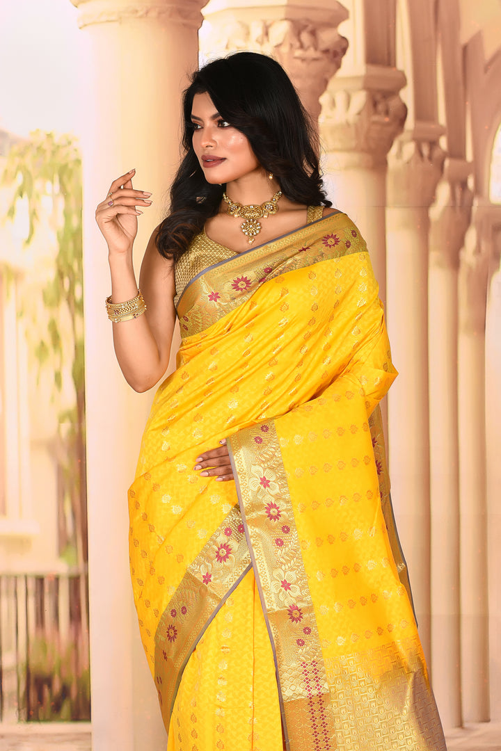 Bright Yellow Semi Silk Saree - Keya Seth Exclusive