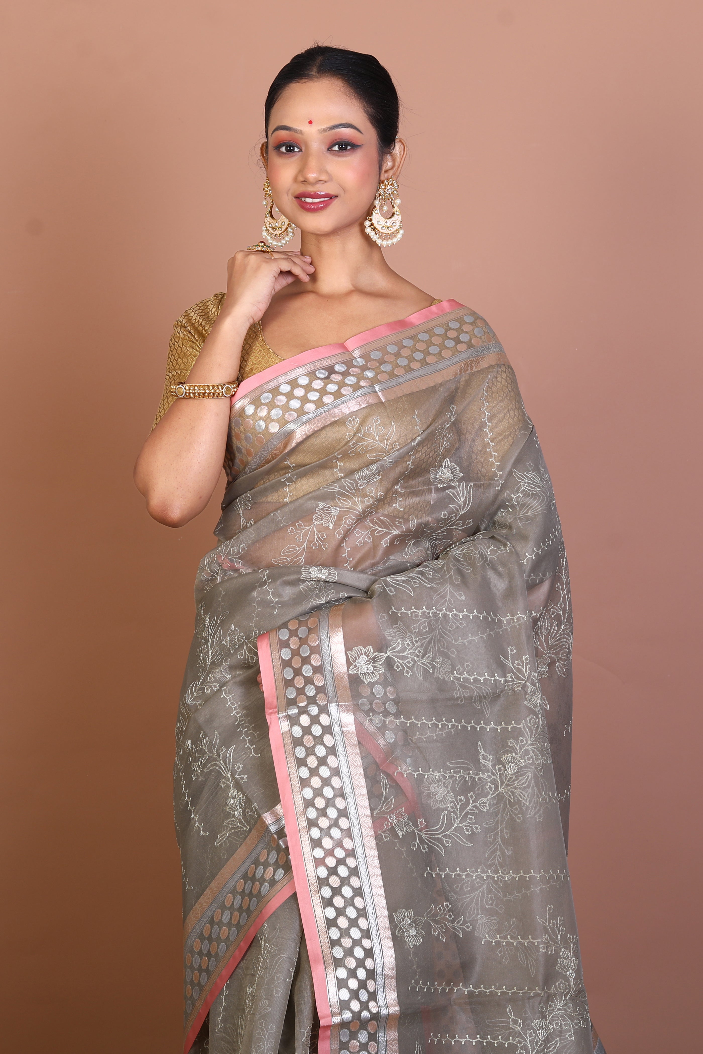 Grey Blended Organza Saree - Keya Seth Exclusive