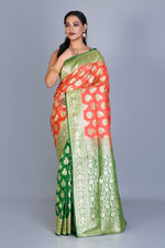 Load image into Gallery viewer, Peach and Green Half &amp; Half Banarasi Silk Saree with Blouse Piece - Keya Seth Exclusive
