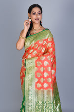 Load image into Gallery viewer, Peach and Green Half &amp; Half Banarasi Silk Saree with Blouse Piece - Keya Seth Exclusive
