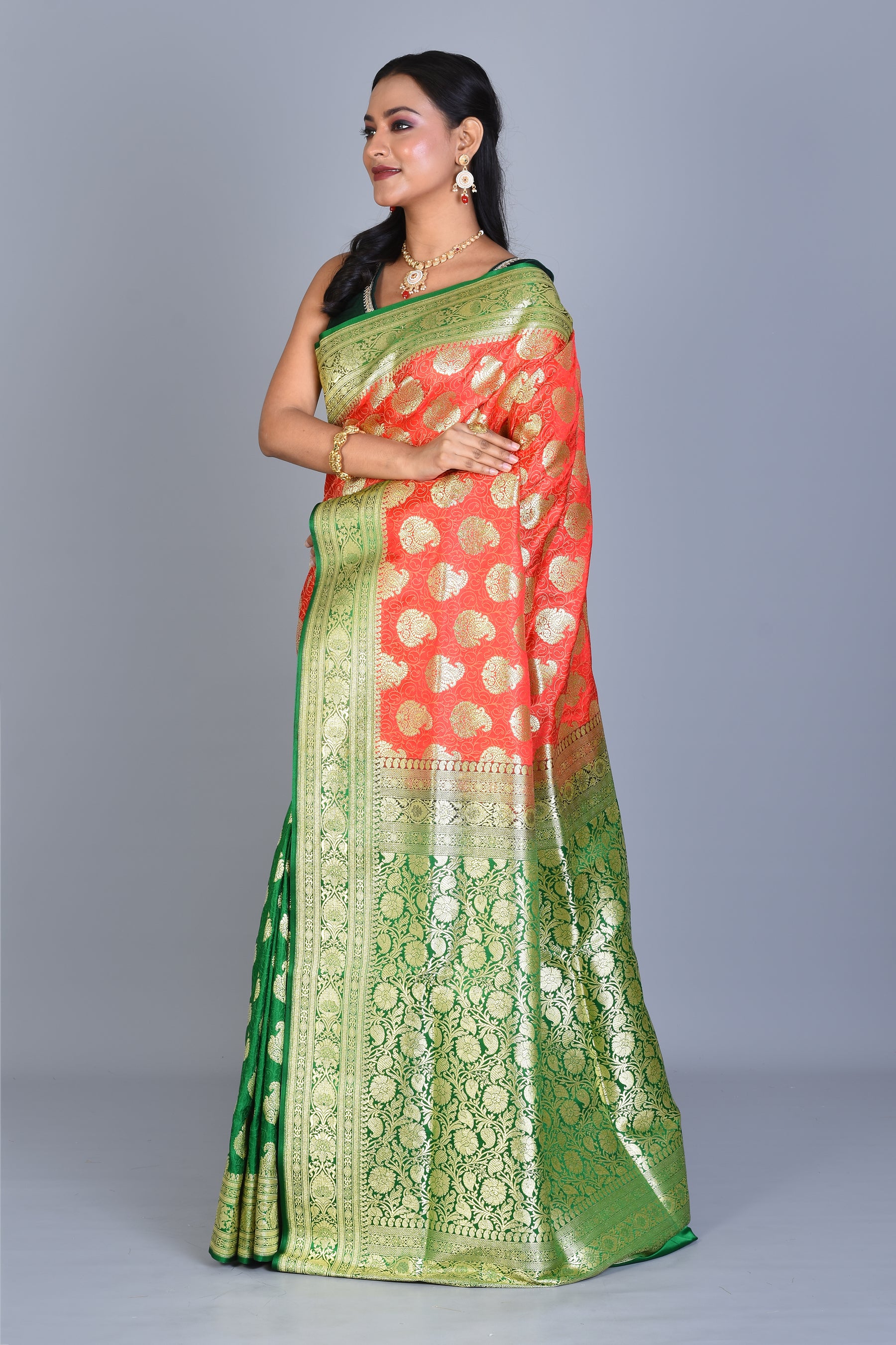 Peach and Green Half & Half Banarasi Silk Saree with Blouse Piece - Keya Seth Exclusive