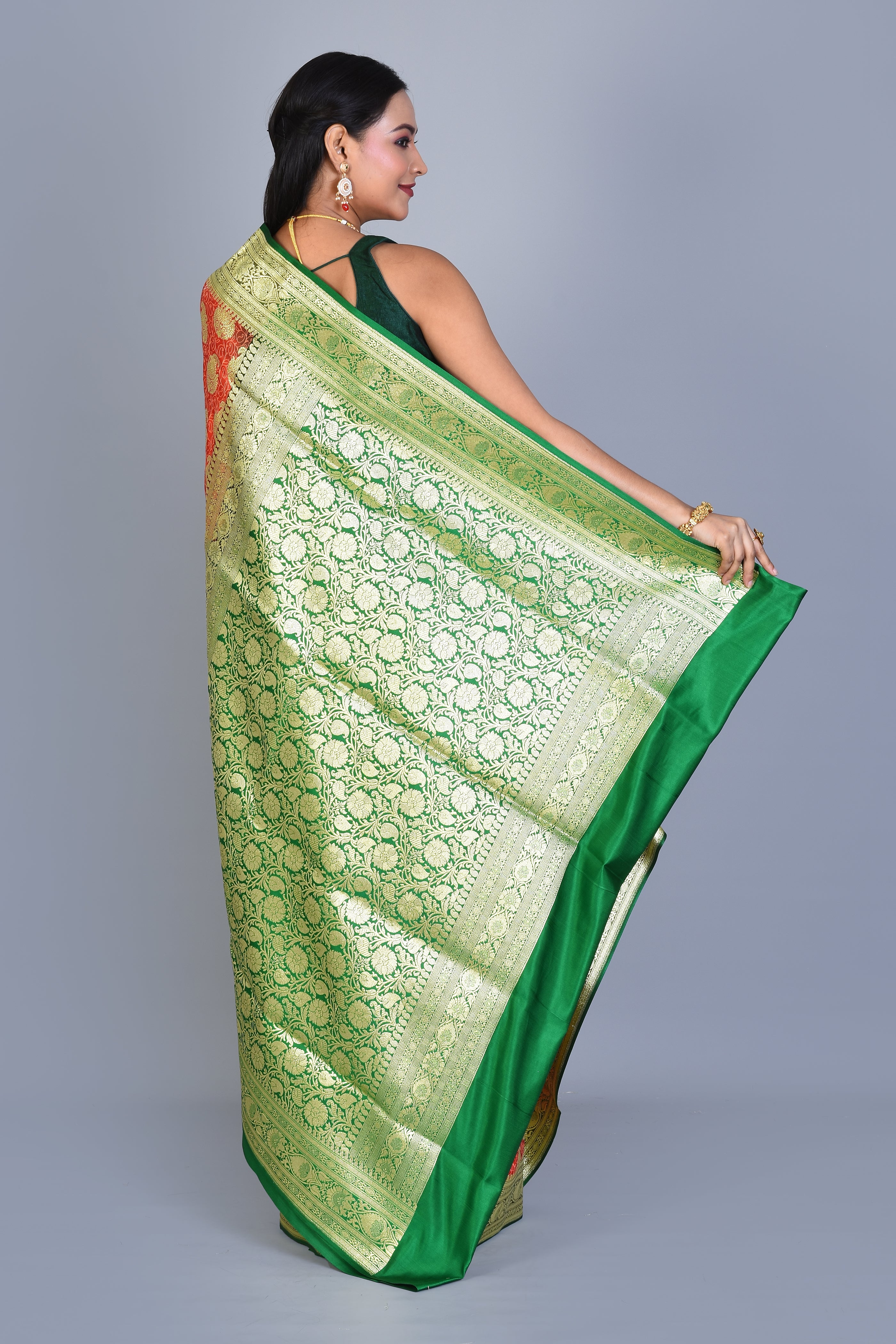 Peach and Green Half & Half Banarasi Silk Saree with Blouse Piece - Keya Seth Exclusive