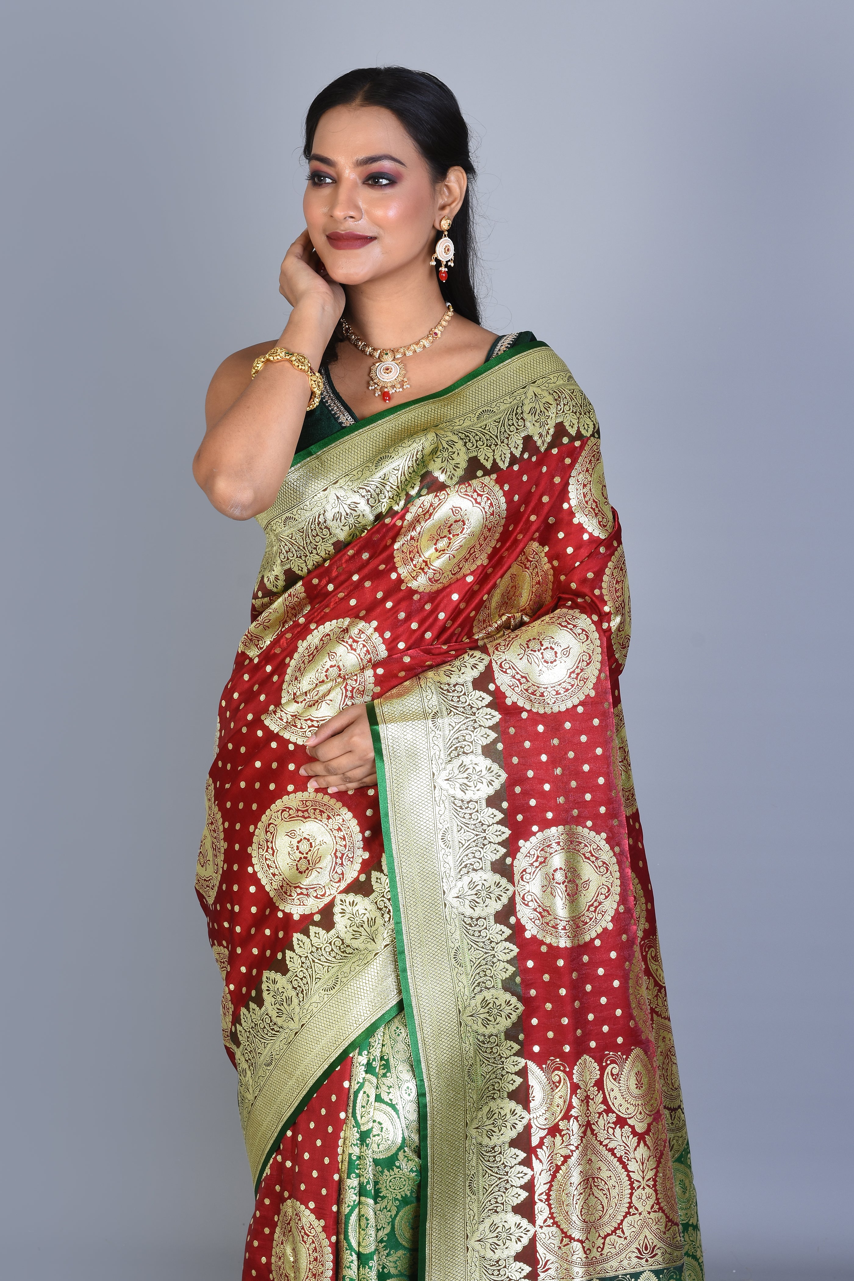 Maroon Patli Pallu Banarasi Silk Saree with Blouse Piece - Keya Seth Exclusive