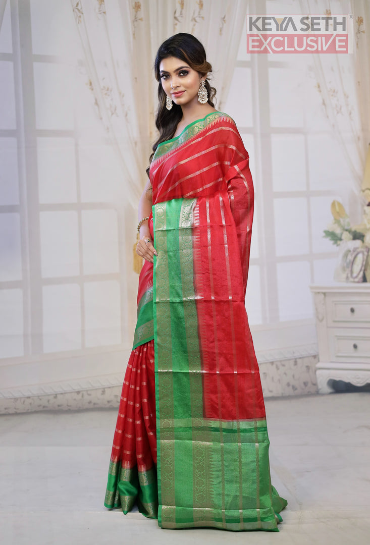 Red and Green Chanderi Silk Saree - Keya Seth Exclusive