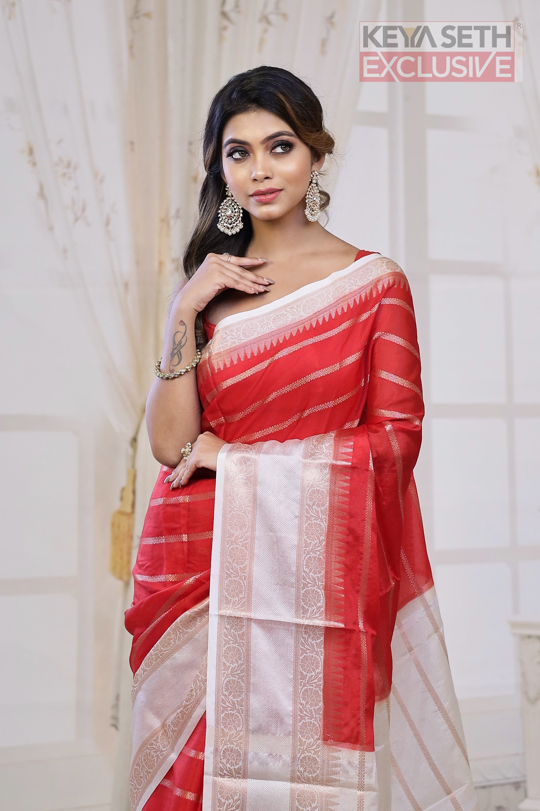 Red and White Chanderi Silk Saree - Keya Seth Exclusive