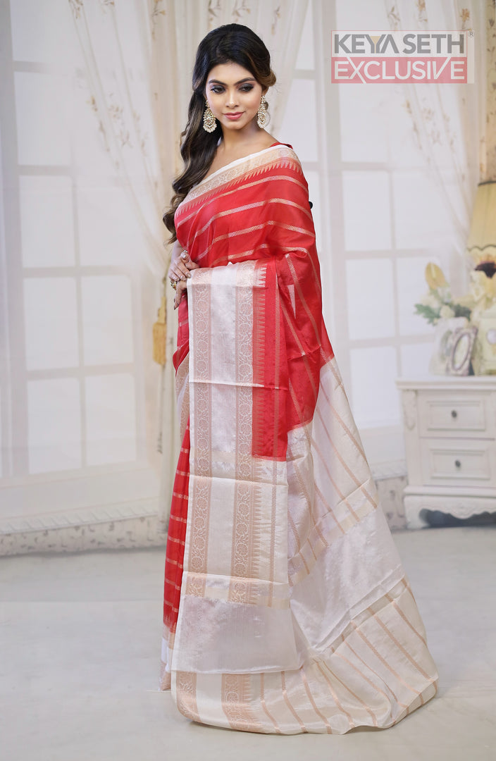 Red and White Chanderi Silk Saree - Keya Seth Exclusive