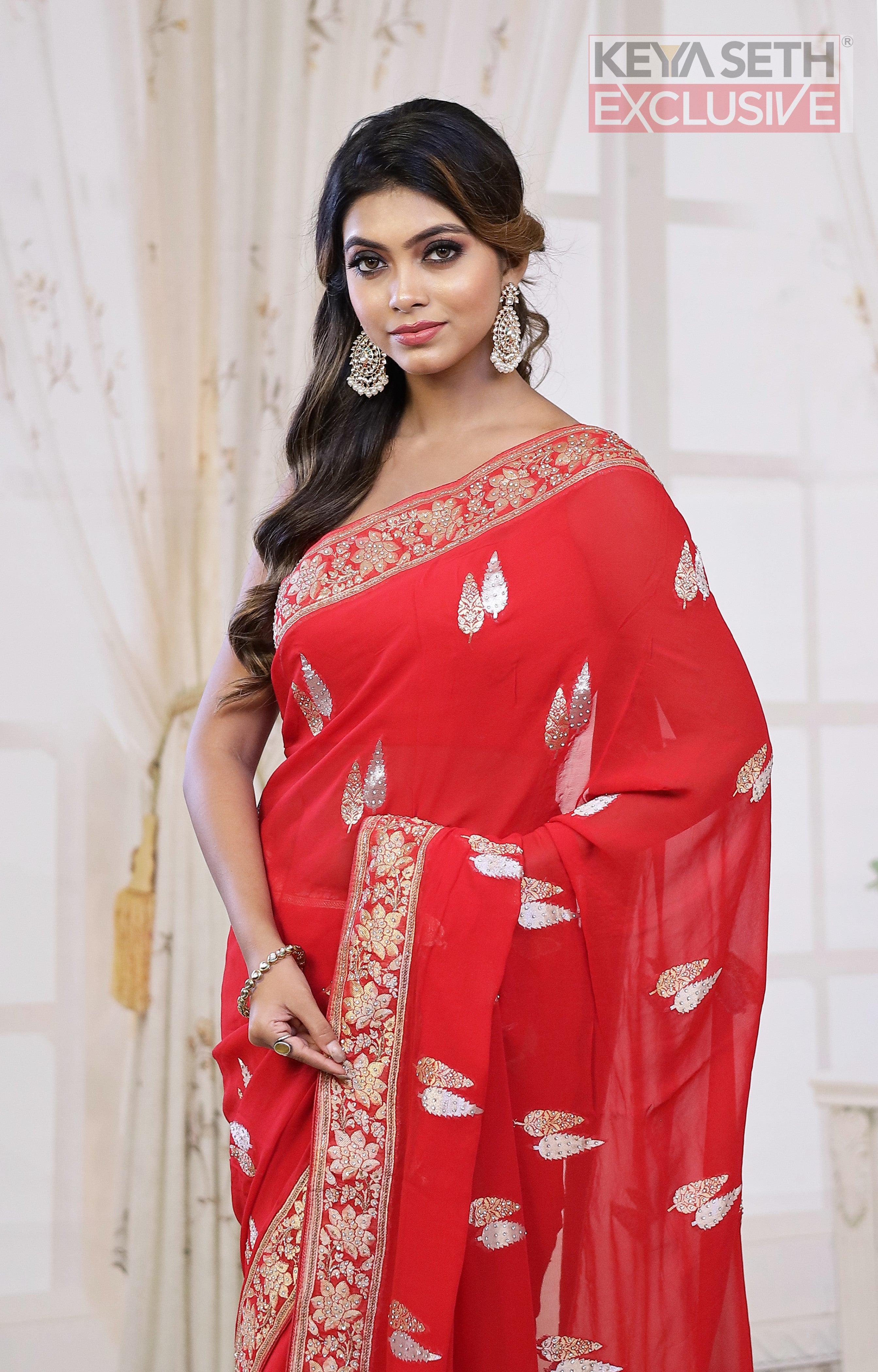 Designer Red Khaddi Georgette Saree - Keya Seth Exclusive