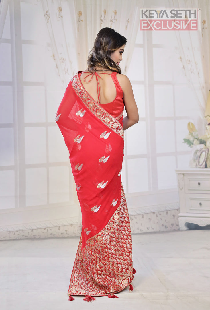 Designer Red Khaddi Georgette Saree - Keya Seth Exclusive