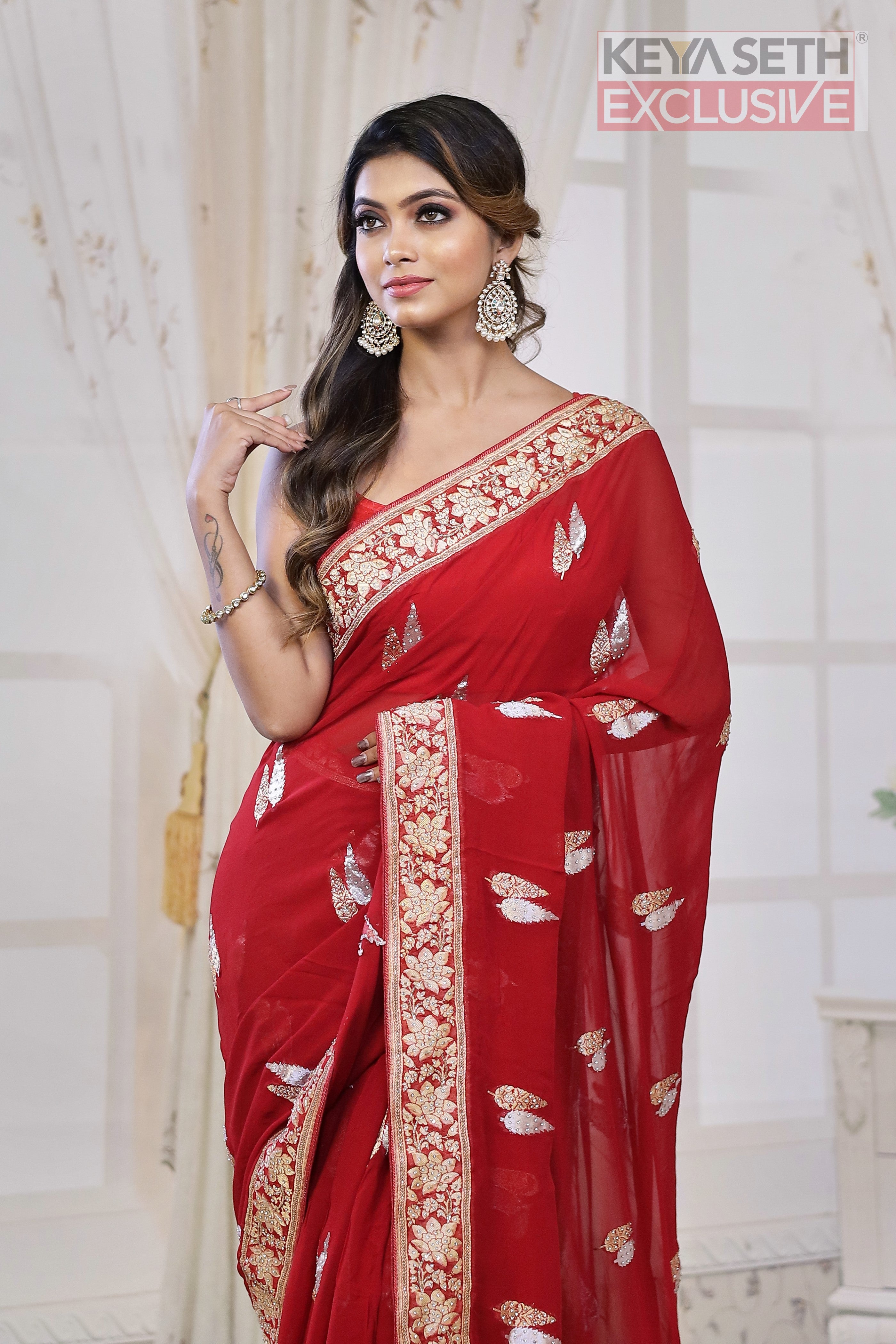 Designer Crimson Red Khaddi Georgette Saree - Keya Seth Exclusive