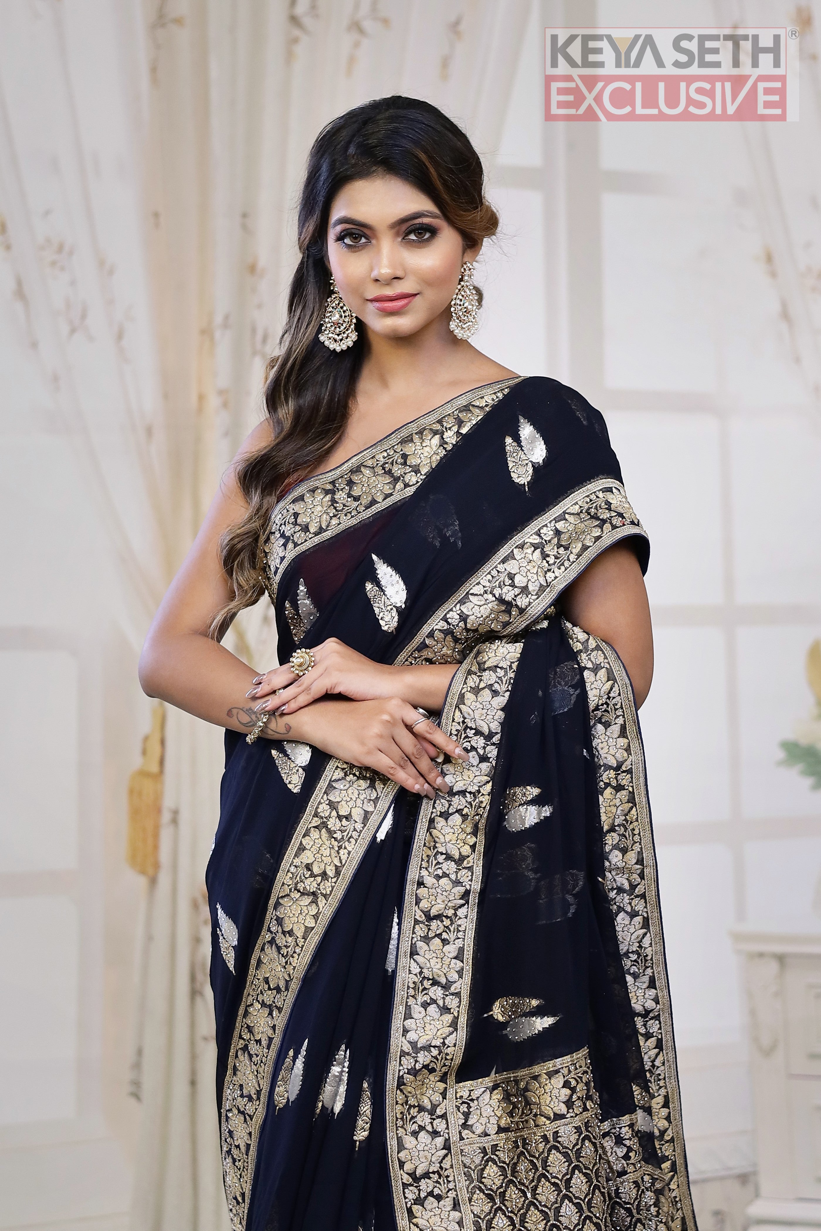 Designer Navy Blue Khaddi Georgette Saree - Keya Seth Exclusive