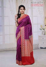 Load image into Gallery viewer, Magenta Semi Katan Silk Saree with Red Border - Keya Seth Exclusive
