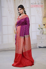 Load image into Gallery viewer, Magenta Semi Katan Silk Saree with Red Border - Keya Seth Exclusive
