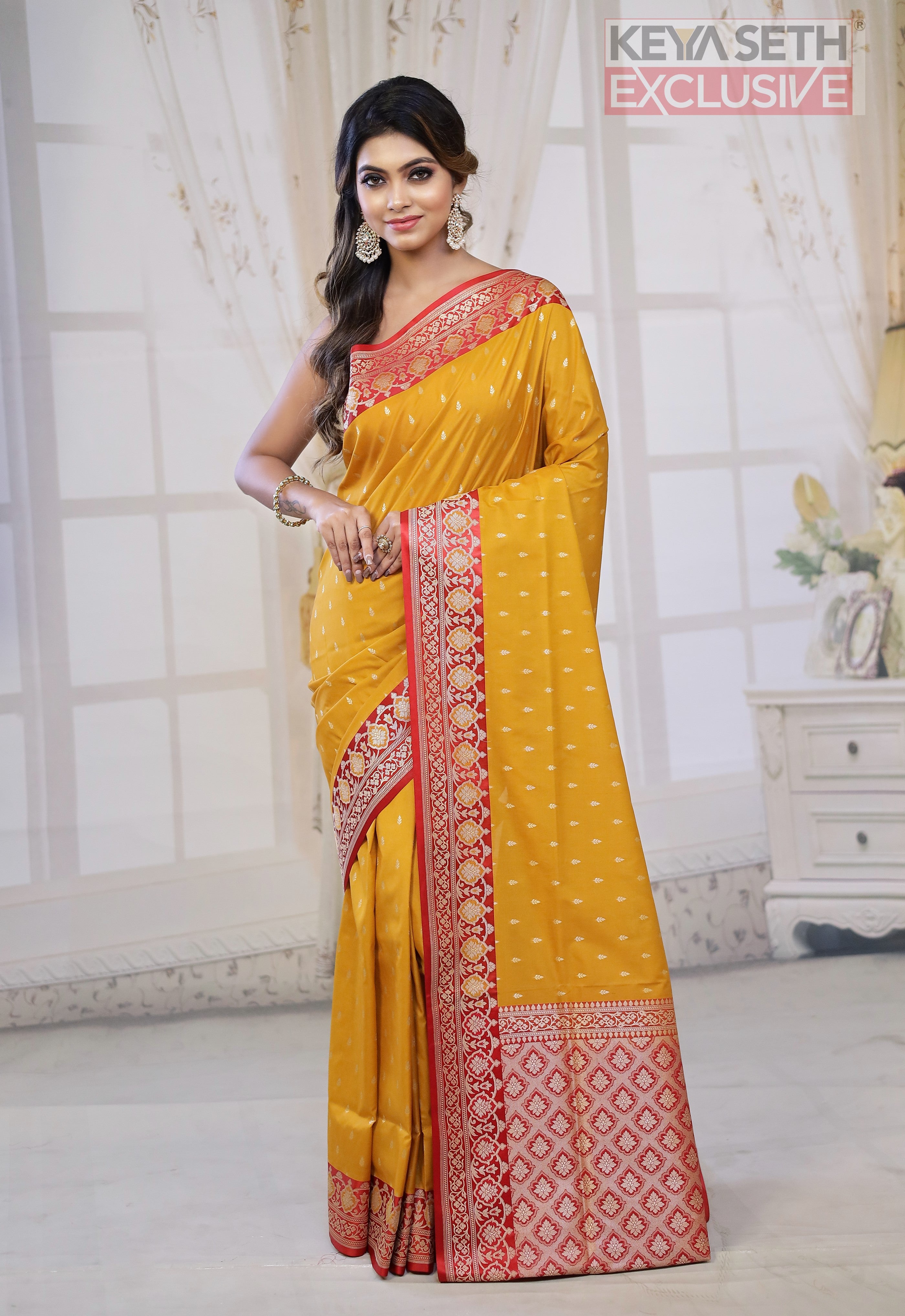 Yellow Semi Katan Silk Saree with Red Border - Keya Seth Exclusive