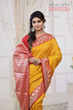 Load image into Gallery viewer, Yellow Semi Katan Silk Saree with Red Border - Keya Seth Exclusive