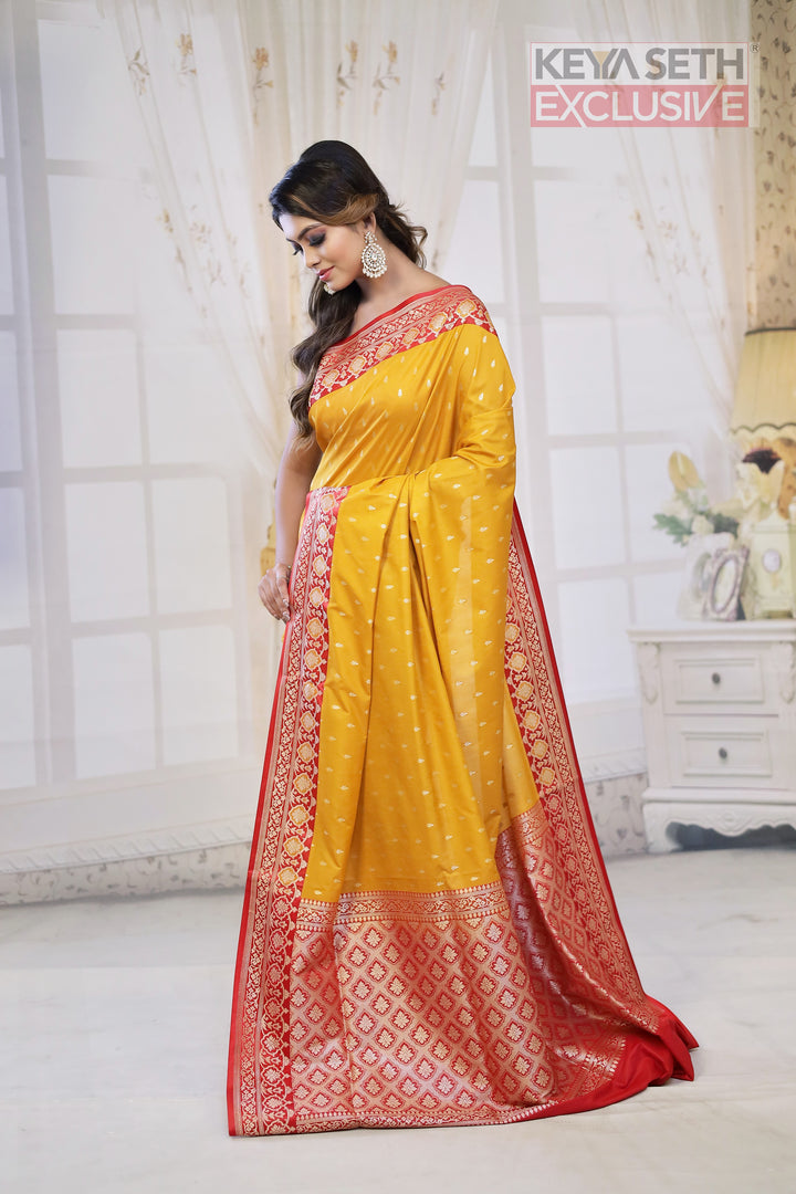 Yellow Semi Katan Silk Saree with Red Border - Keya Seth Exclusive