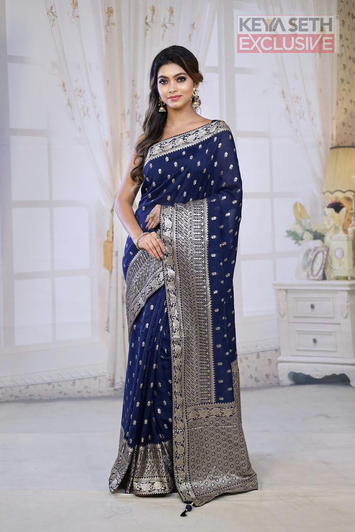 Fashionable Navy Blue Khaddi Silk Saree with thick Brocade Borders - Keya Seth Exclusive