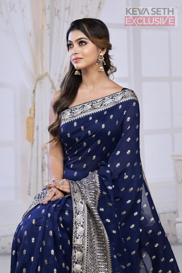 Fashionable Midnight Blue Khaddi Silk Saree with thick Brocade Borders - Keya Seth Exclusive