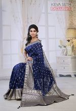 Load image into Gallery viewer, Fashionable Navy Blue Khaddi Silk Saree with thick Brocade Borders - Keya Seth Exclusive