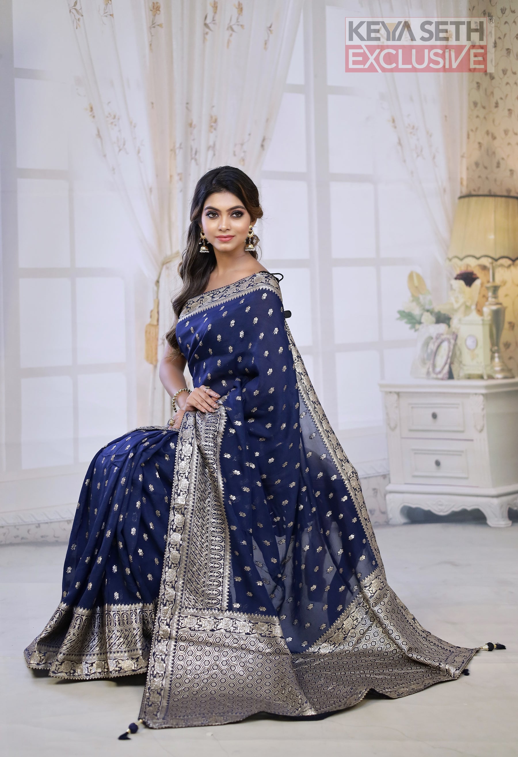 Fashionable Midnight Blue Khaddi Silk Saree with thick Brocade Borders - Keya Seth Exclusive