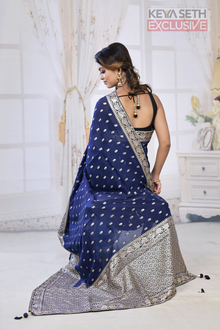 Fashionable Midnight Blue Khaddi Silk Saree with thick Brocade Borders - Keya Seth Exclusive