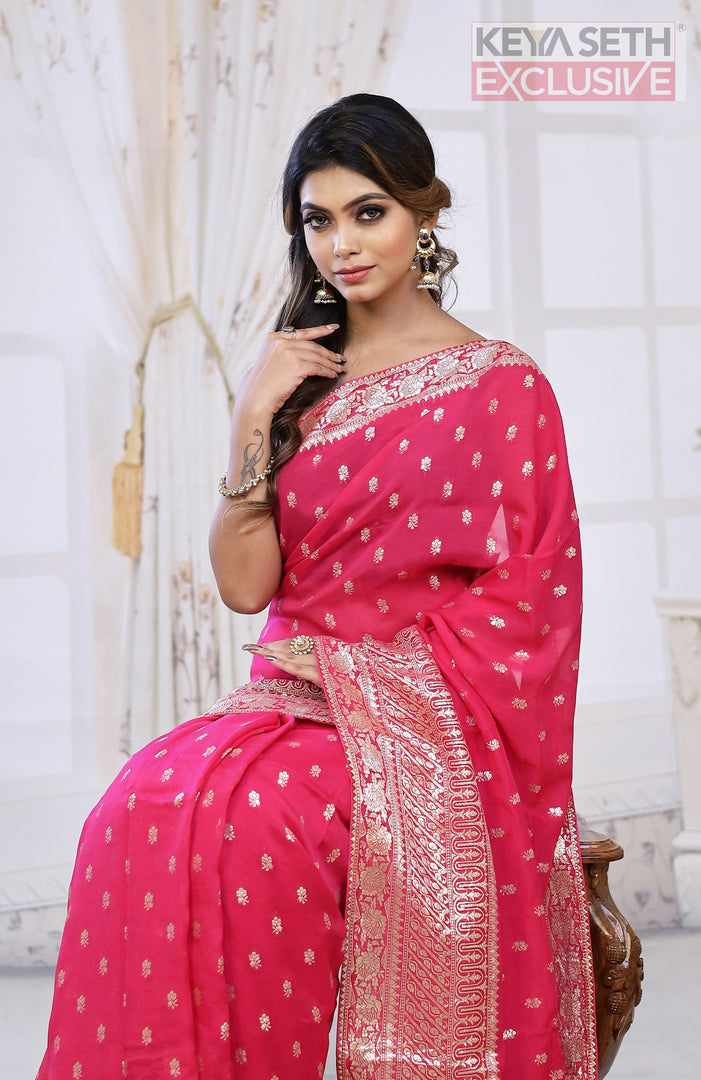 Fashionable Pink Khaddi Silk Saree with thick Brocade Borders - Keya Seth Exclusive