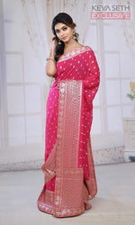 Load image into Gallery viewer, Fashionable Pink Khaddi Silk Saree with thick Brocade Borders - Keya Seth Exclusive
