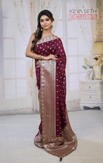 Load image into Gallery viewer, Fashionable Wine Khaddi Silk Saree with thick Brocade Borders - Keya Seth Exclusive