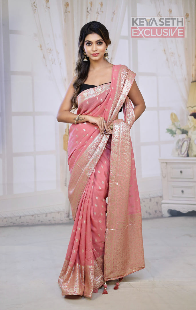 Fashionable Peach Khaddi Silk Saree with thick Brocade Borders - Keya Seth Exclusive