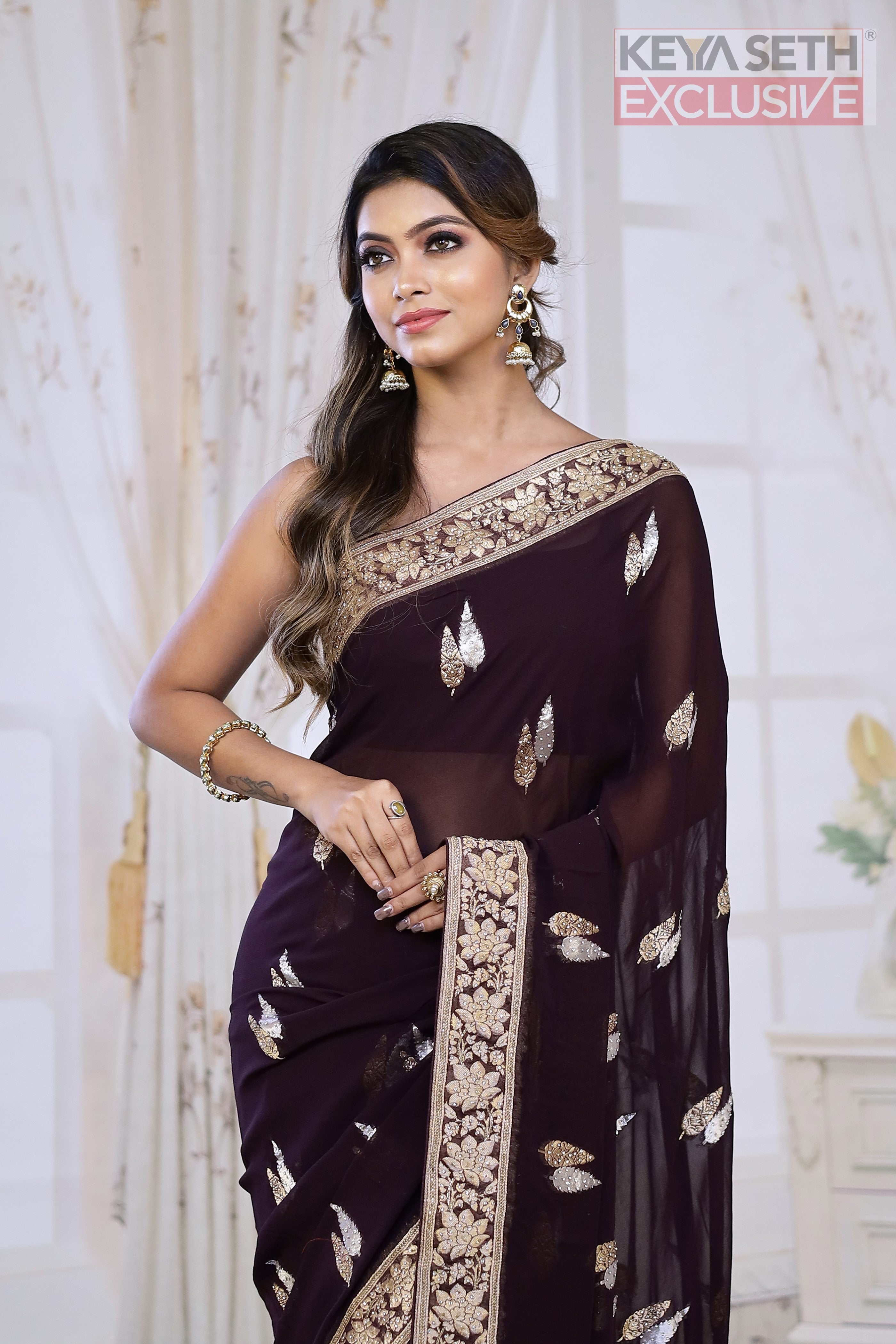 Designer Wine Khaddi Georgette Saree - Keya Seth Exclusive