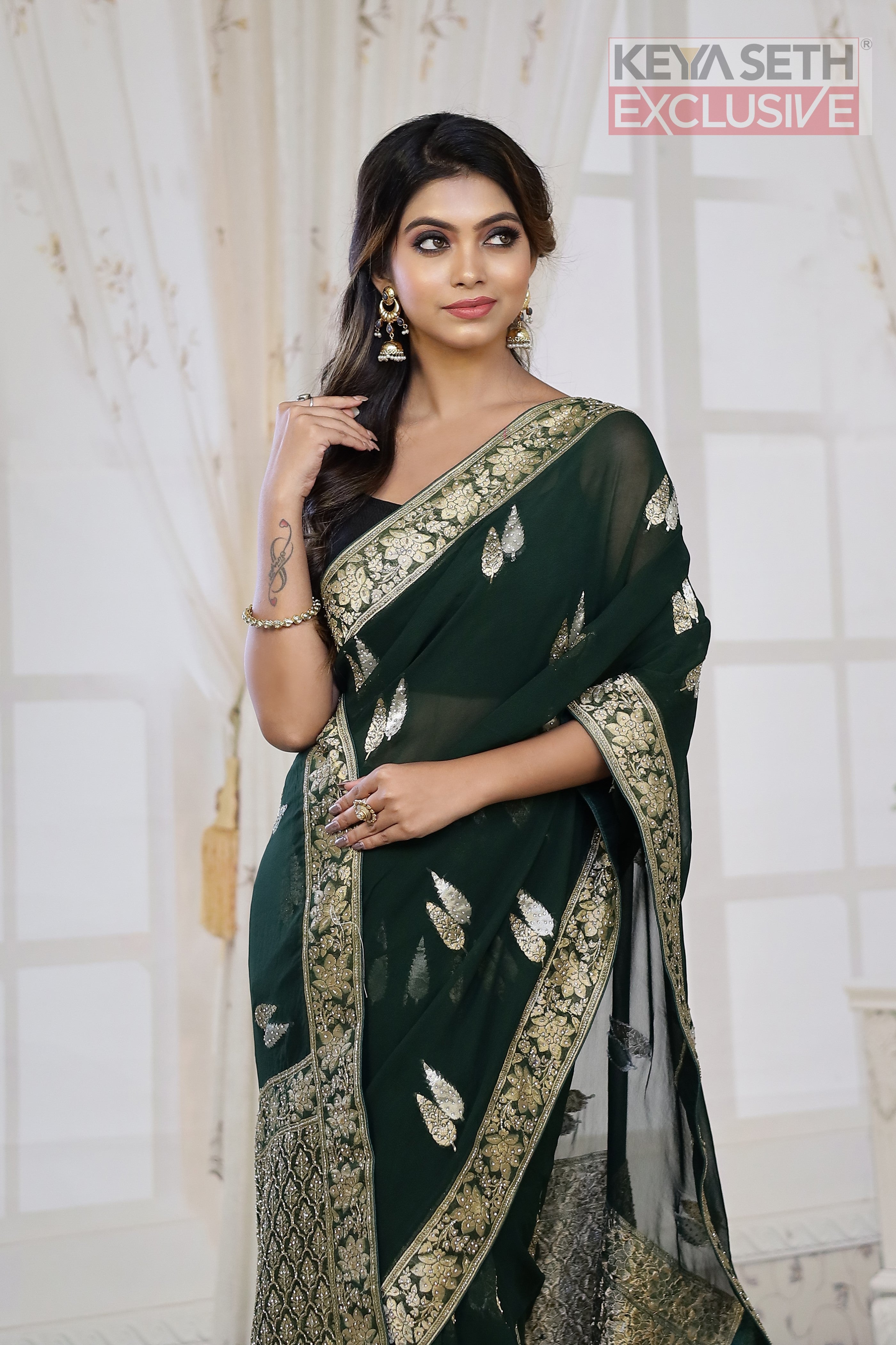 Designer Deep Green Khaddi Georgette Saree - Keya Seth Exclusive