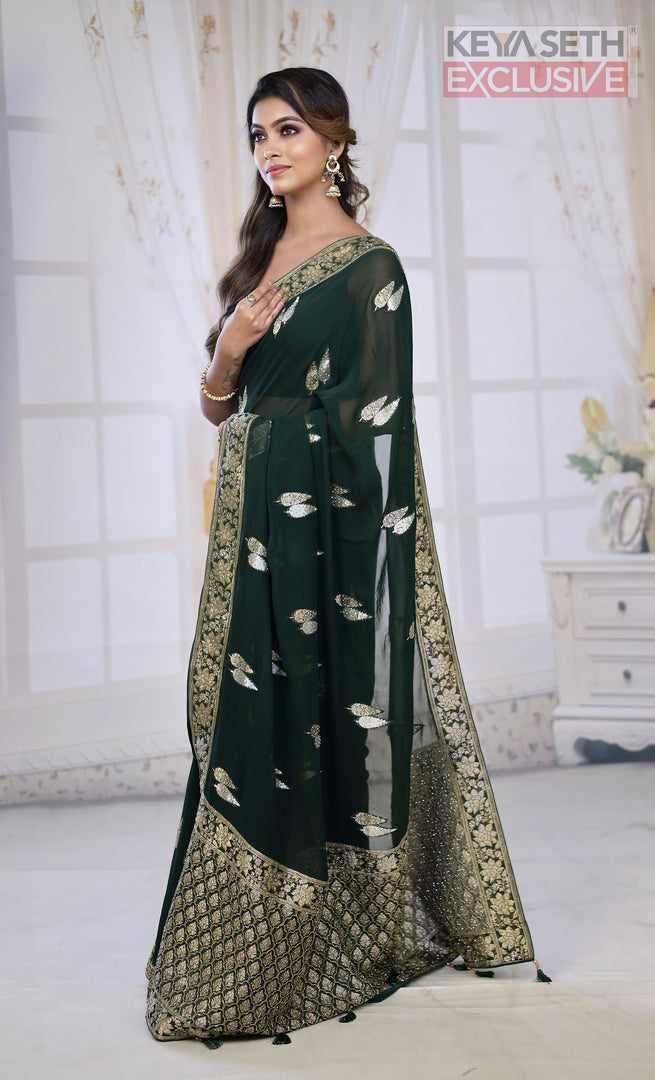 Designer Deep Green Khaddi Georgette Saree - Keya Seth Exclusive