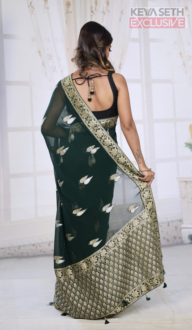 Designer Deep Green Khaddi Georgette Saree - Keya Seth Exclusive
