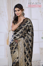 Load image into Gallery viewer, Black Satin Silk Saree with Golden Zari - Keya Seth Exclusive