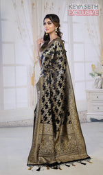 Load image into Gallery viewer, Black Satin Silk Saree with Golden Zari - Keya Seth Exclusive
