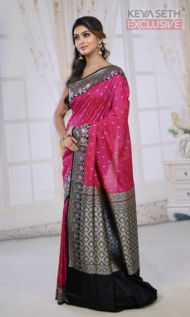 Pink Semi Katan Silk Saree with Dual Tone Black Border - Keya Seth Exclusive