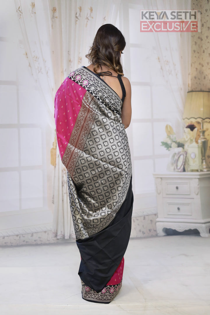 Pink Semi Katan Silk Saree with Dual Tone Black Border - Keya Seth Exclusive