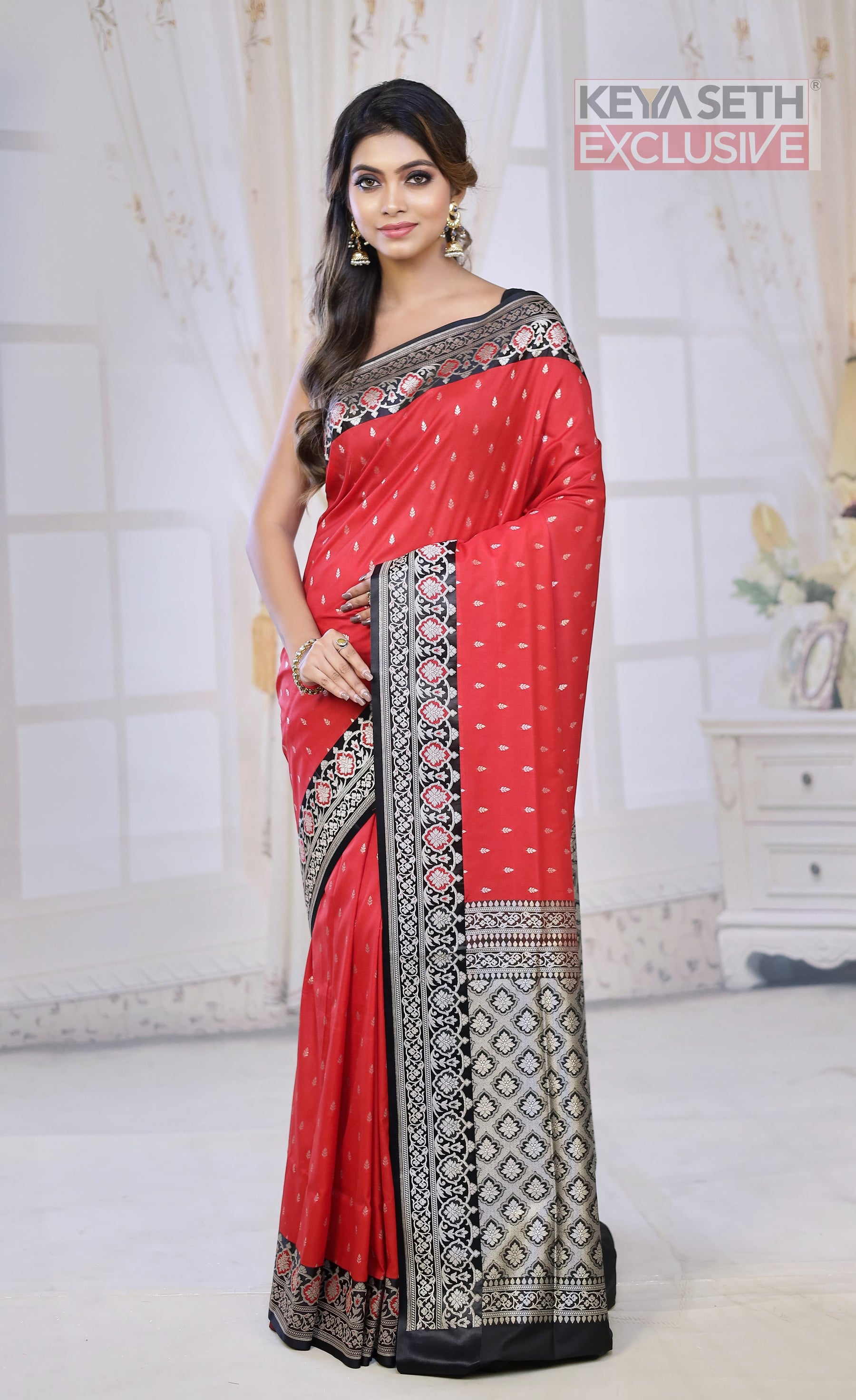 Red Semi Katan Silk Saree with Black Border - Keya Seth Exclusive