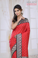Load image into Gallery viewer, Red Semi Katan Silk Saree with Black Border - Keya Seth Exclusive