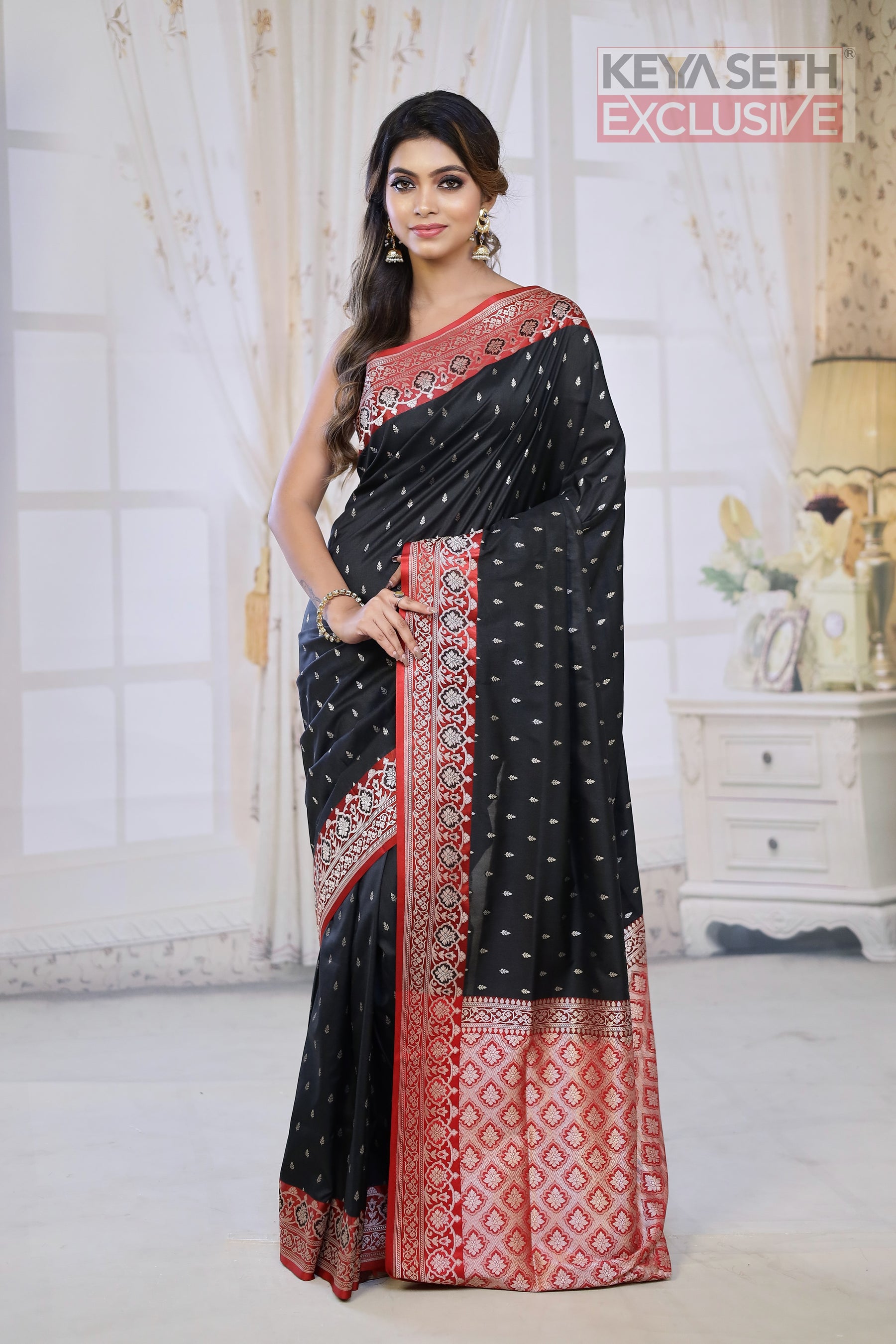 Black Semi Katan Silk Saree with Red Border - Keya Seth Exclusive