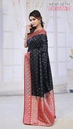 Load image into Gallery viewer, Black Semi Katan Silk Saree with Red Border - Keya Seth Exclusive