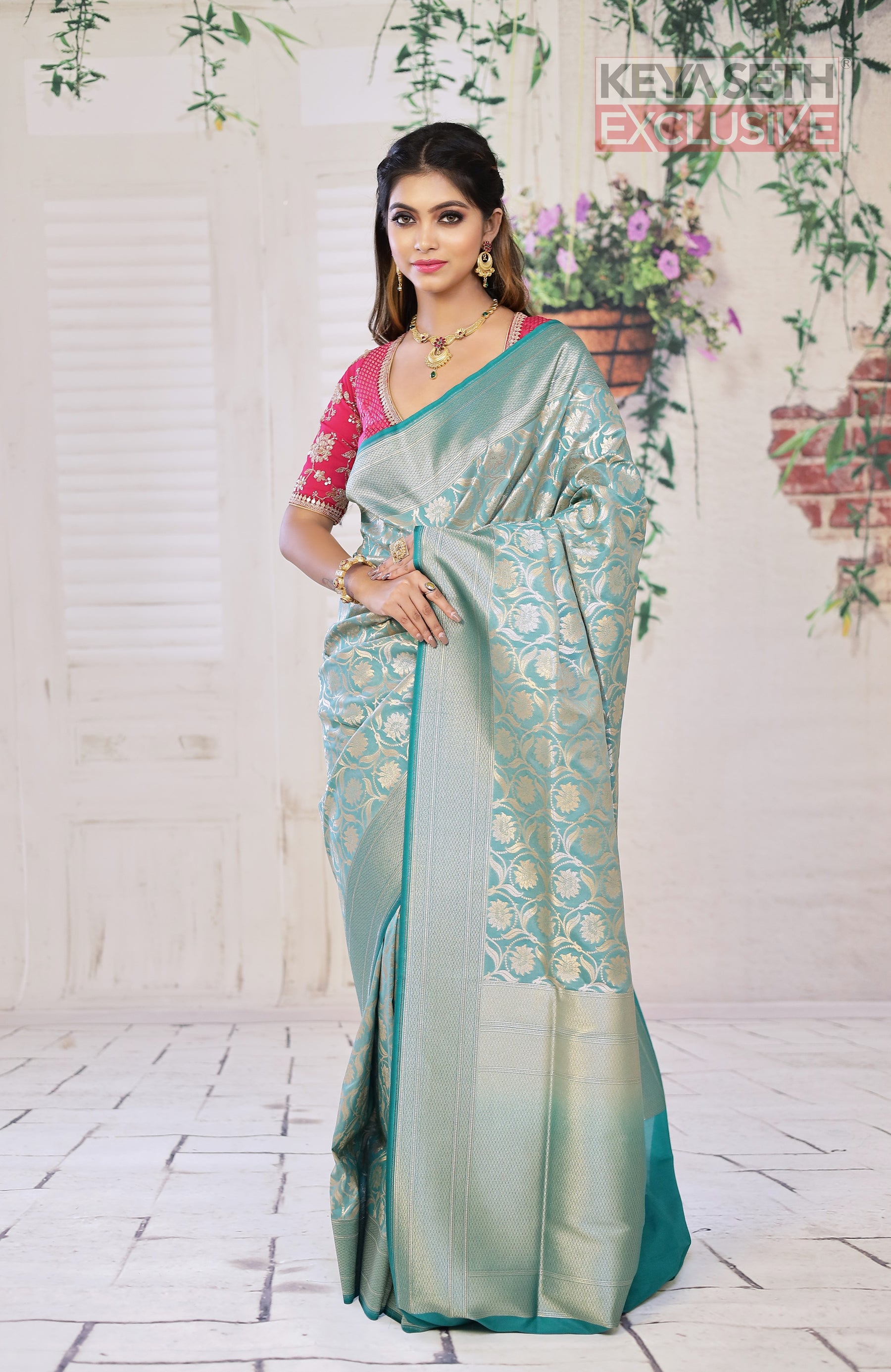 Shiny Sea Green Semi Katan Saree - Keya Seth Exclusive