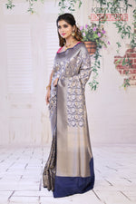 Load image into Gallery viewer, Shiny Grey Semi Katan Saree with Navy Blue Border - Keya Seth Exclusive