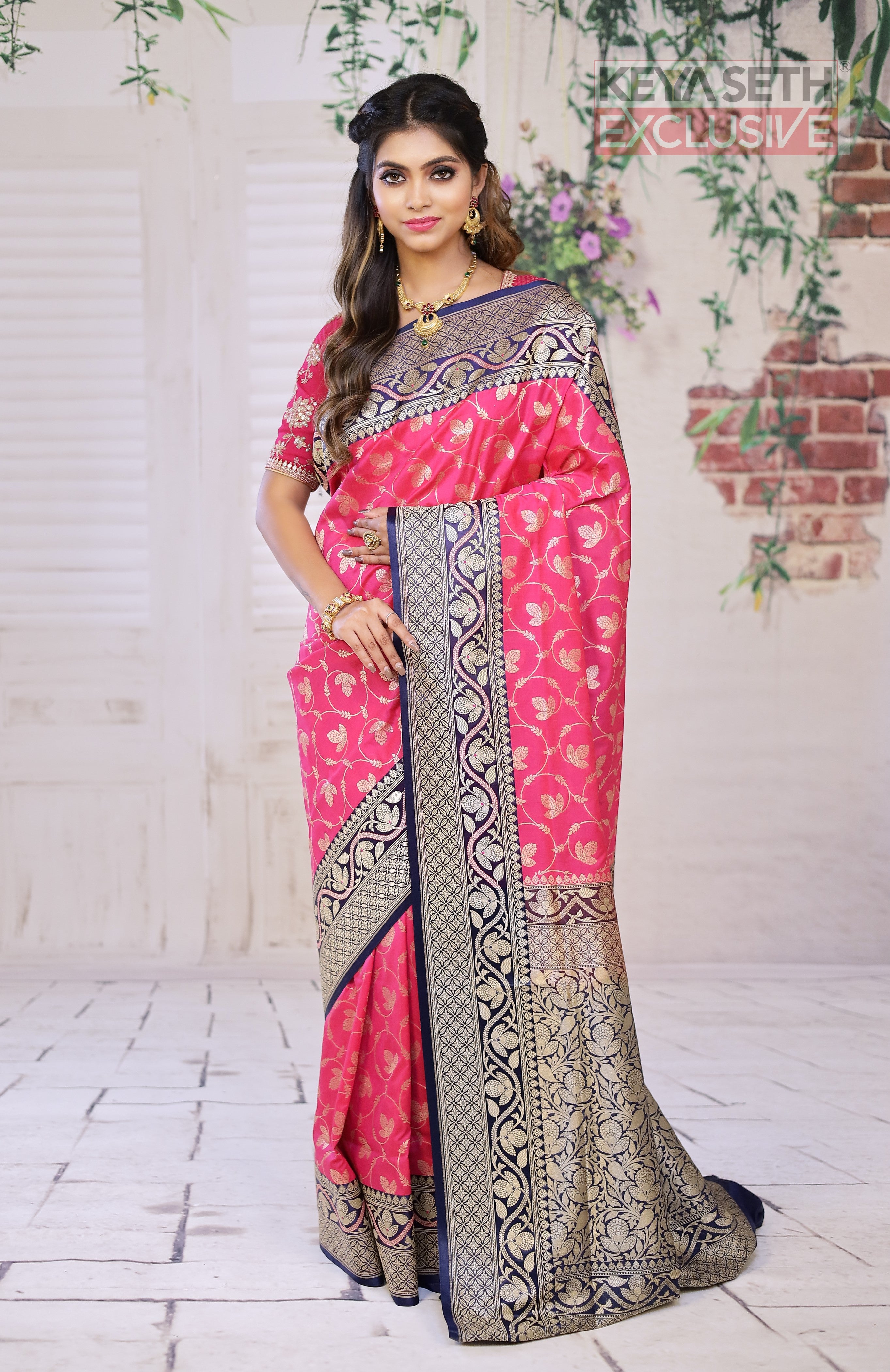 Pink Semi Katan Saree with Dual Tone Navy Blue Border - Keya Seth Exclusive